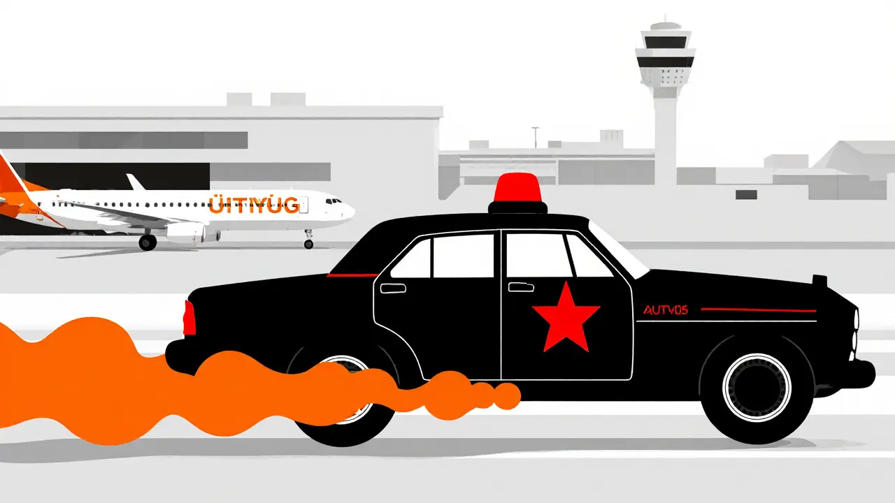 Чёрная Волга КГБ с маячком на крыше мчится мимо аэропорта, сопровождая самолёт.