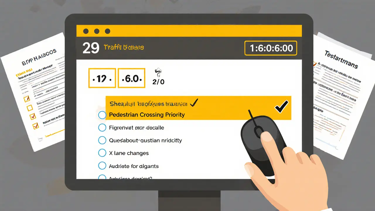 Экзамен по ПДД на компьютере: вопросы о приоритете на пешеходном переходе и таймер.