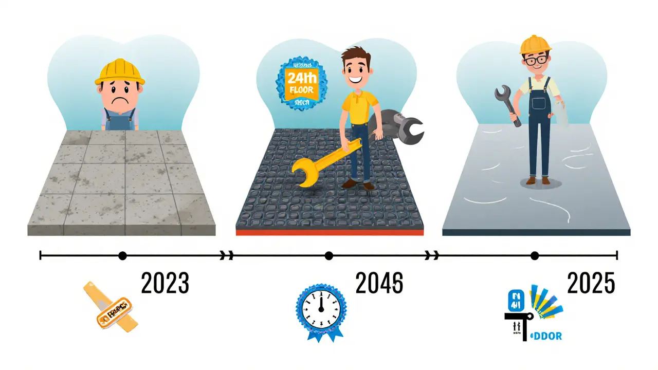 Эволюция пола в гараже с 2023 по 2025 год: от бетона к резине и эпоксидке с символами скорости и отсутствия запаха.