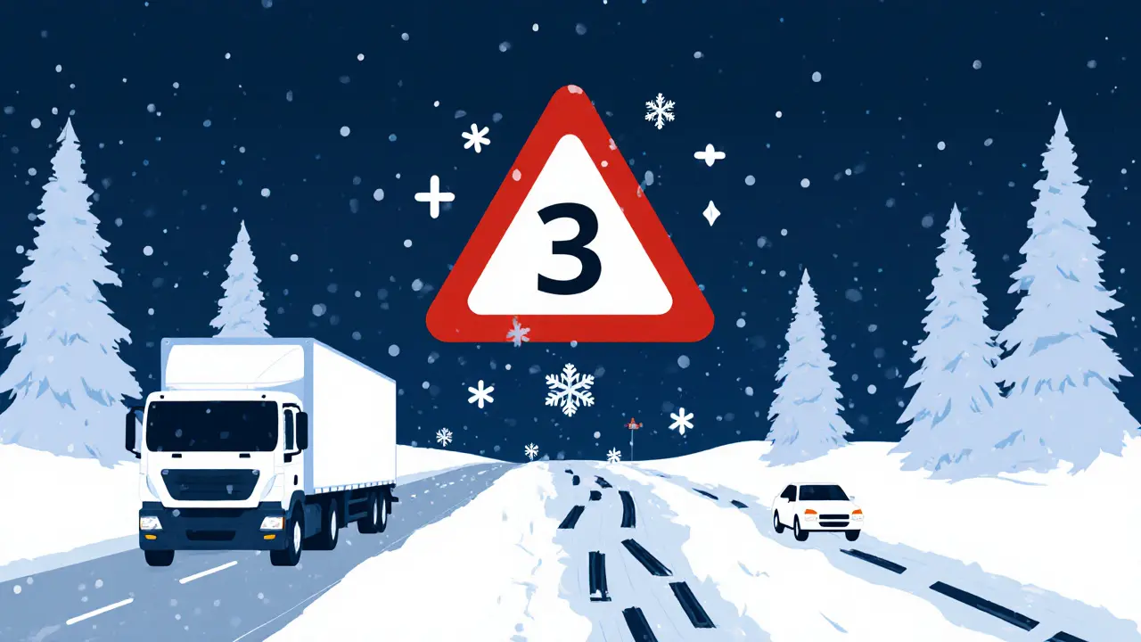 Грузовик и легковушка на снежной дороге с увеличенной дистанцией в три раза.