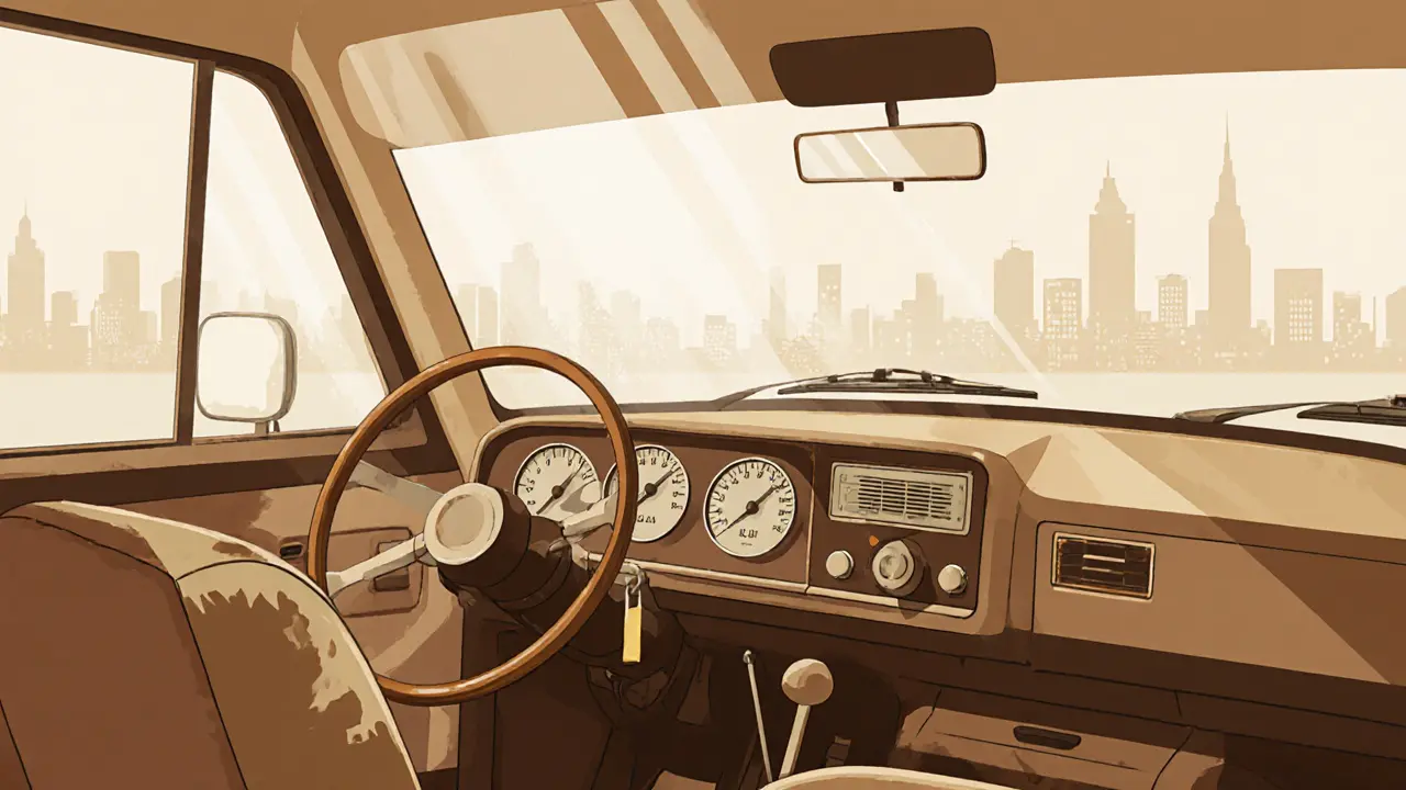 Интерьер Волги: приборная панель, деревянный руль и магнитола &#039;Радуга&#039; на солнечном свету.