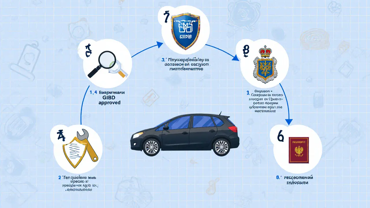 Круговая схема из шести этапов легализации тюнинга автомобиля с иконками вместо текста.