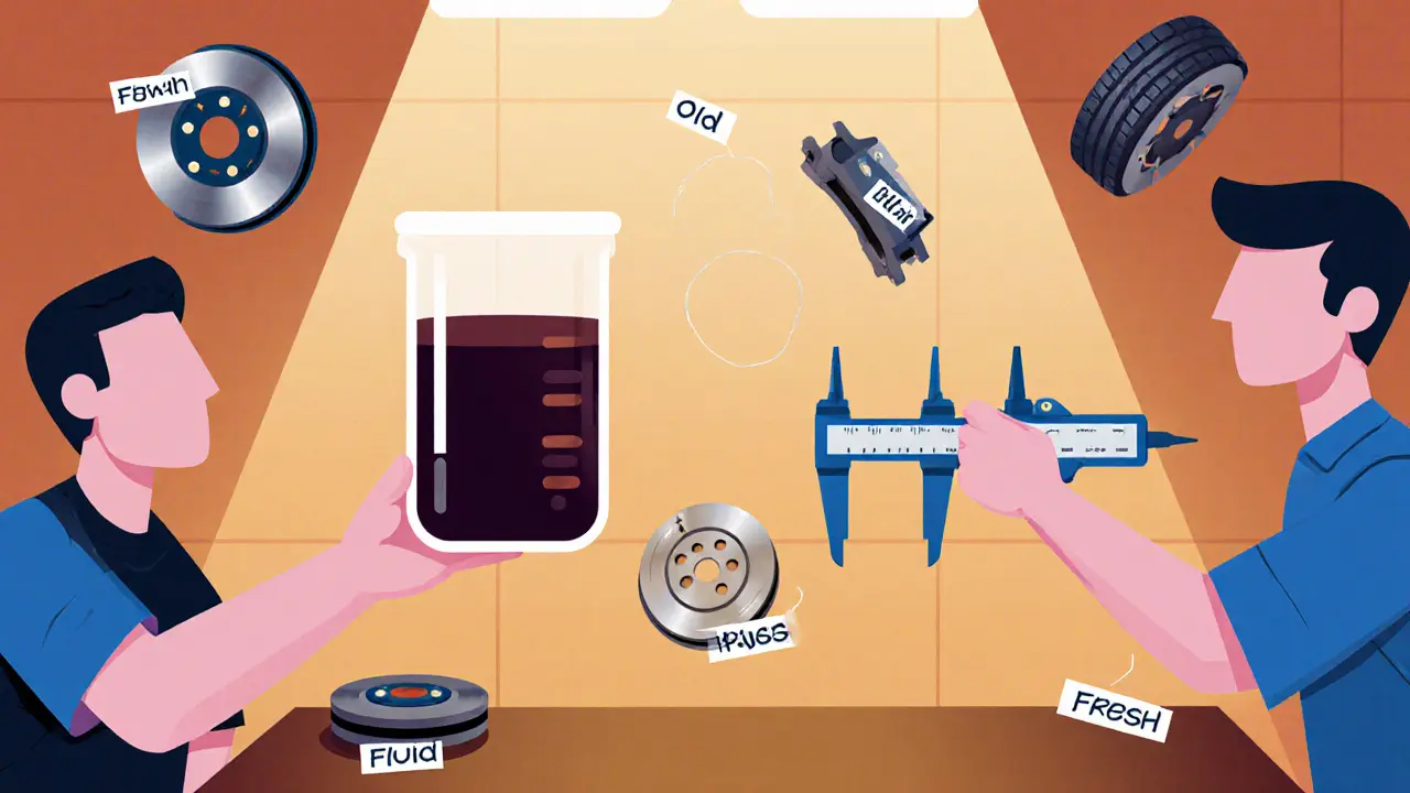 Механик проверяет тормозную жидкость и износ дисков в гараже.