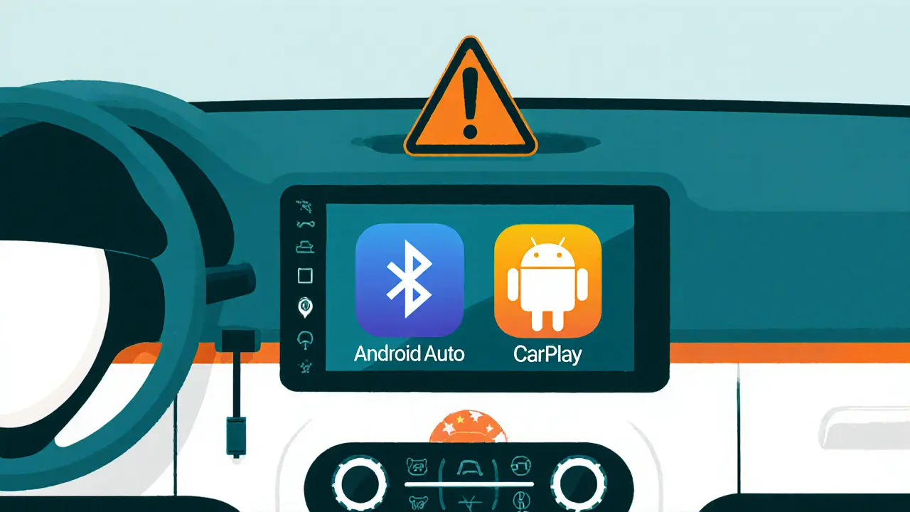 Мультимедийная система с поддержкой Android Auto и CarPlay на экране, с акцентом на совместимость и безопасность.