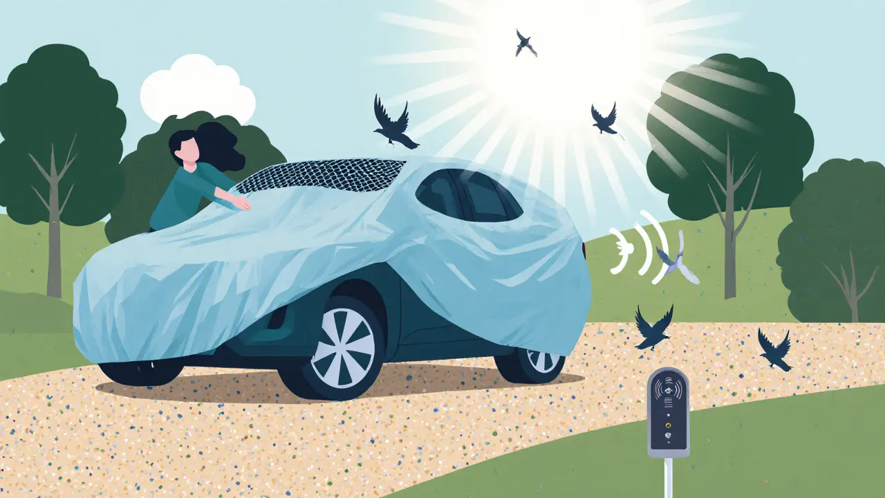 Премиум-чехол с сеткой на машине и ультразвуковой отпугиватель птиц на гравийной стоянке.