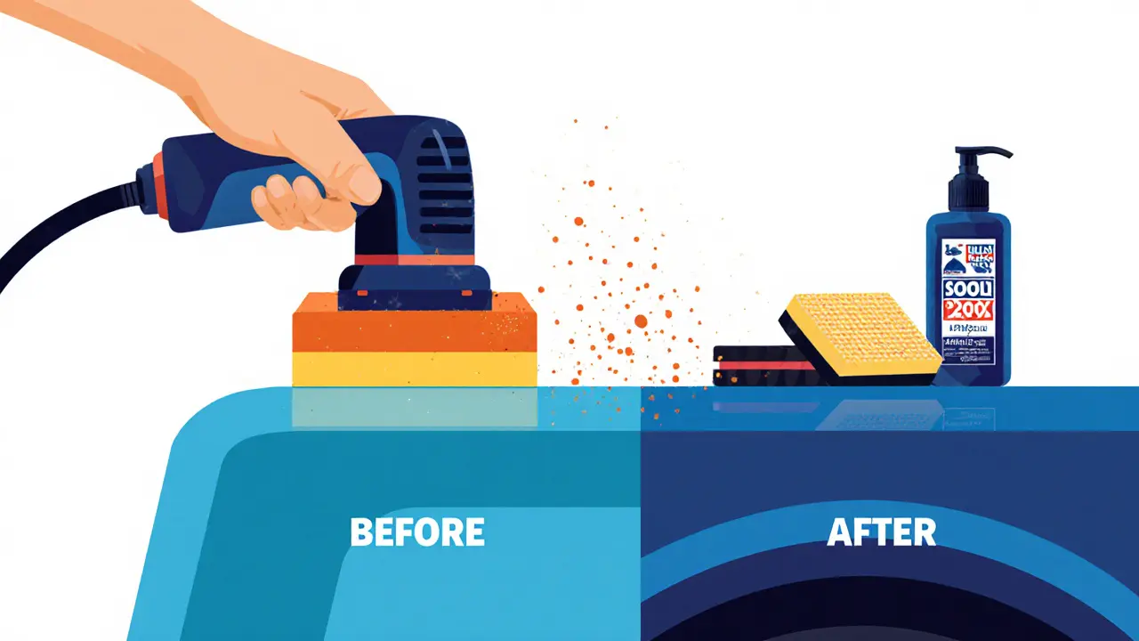 Рука полирует автомобиль с оранжевым кругом, частицы лака улетают, показан результат до и после.