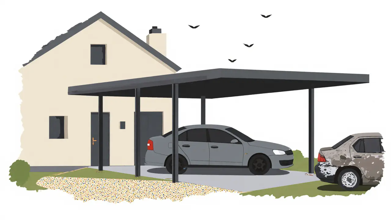 Современный навес с правильной подсыпкой рядом с повреждённой машиной на открытом месте.