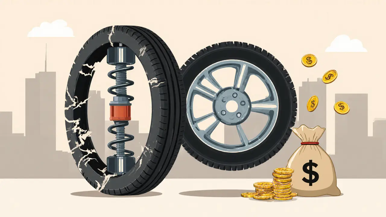 Сравнение: изношенная шина и разрушенная подвеска против сбалансированного колеса и сохранённой детали.