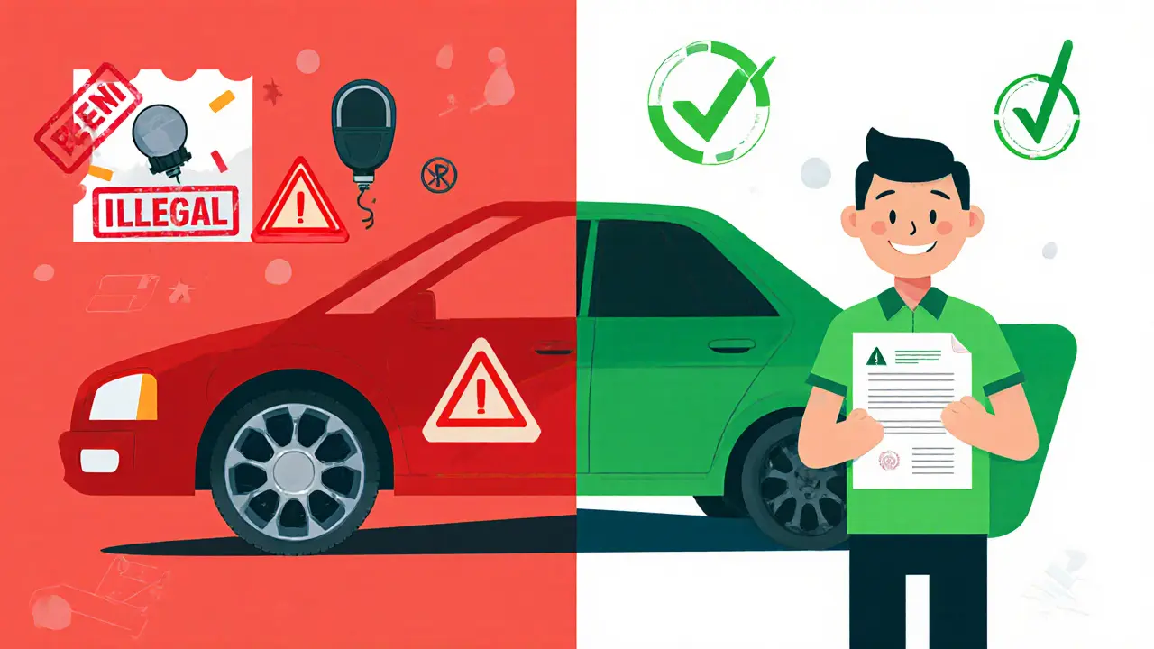 Сравнение нелегального и легального тюнинга: красный запрет слева, зелёное одобрение справа.