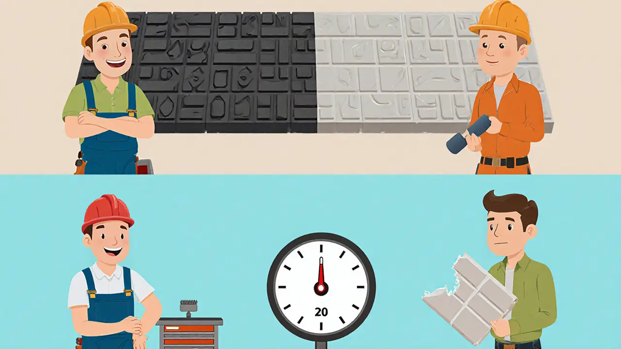 Сравнение трёх типов полов в гараже: резина, эпоксидка и керамогранит, с визуальными символами комфорта и прочности.