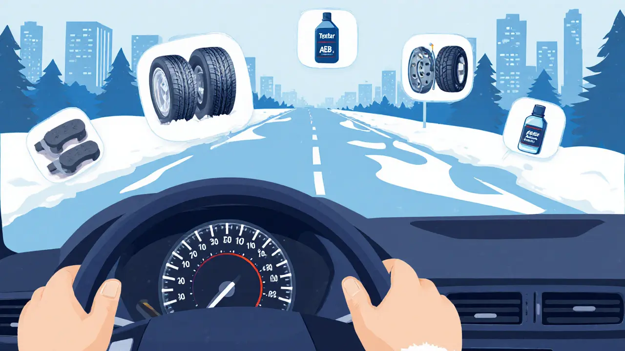 Водитель тормозит зимой на снегу с правильно подобранными компонентами тормозной системы.