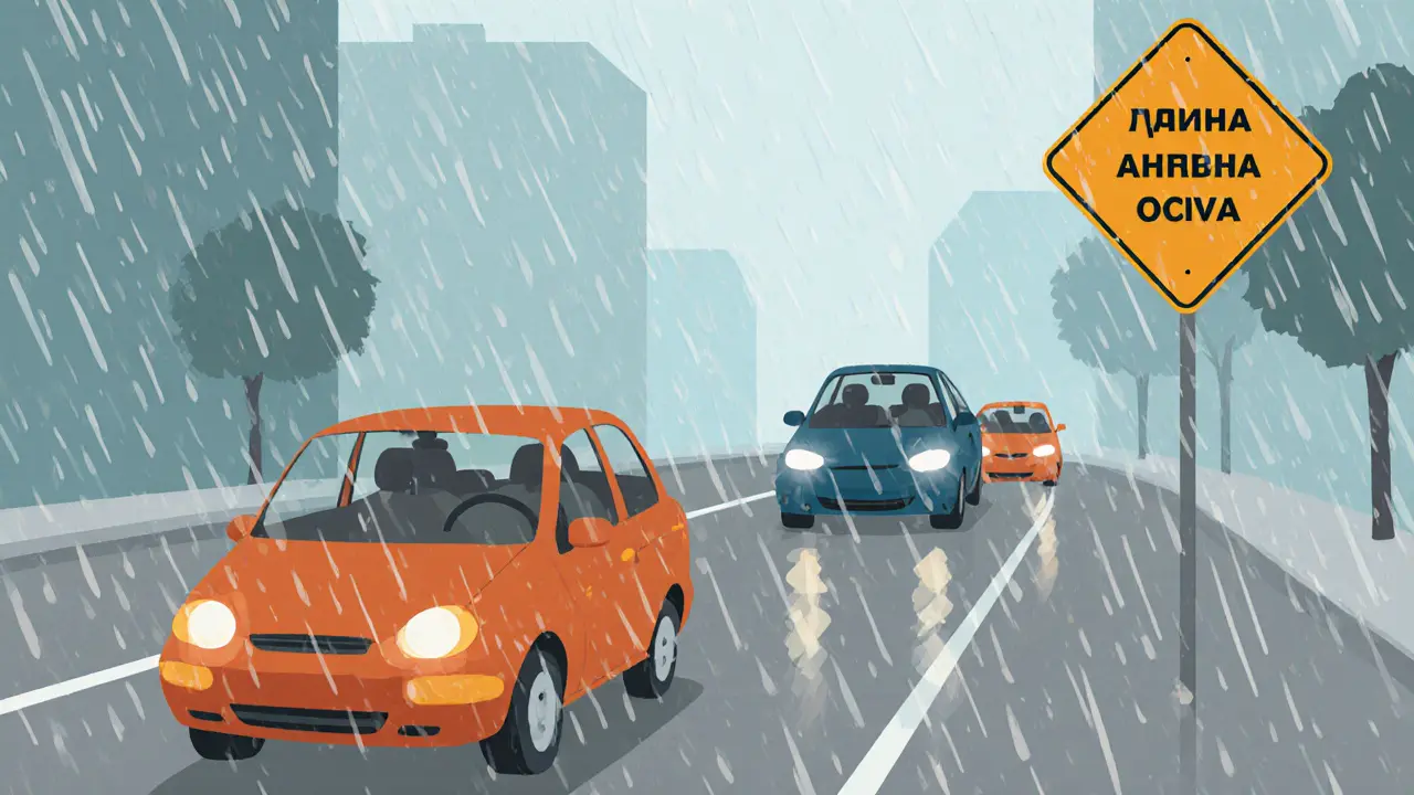 Водитель в городе считает секунды, глядя на дорожный знак, идет дождь.