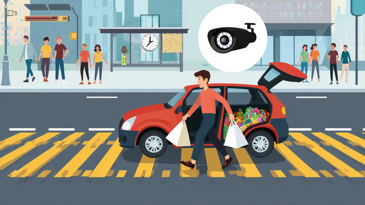 Водитель выгружает покупки из машины на прерывистой желтой линии, надпись времени 6 минут.