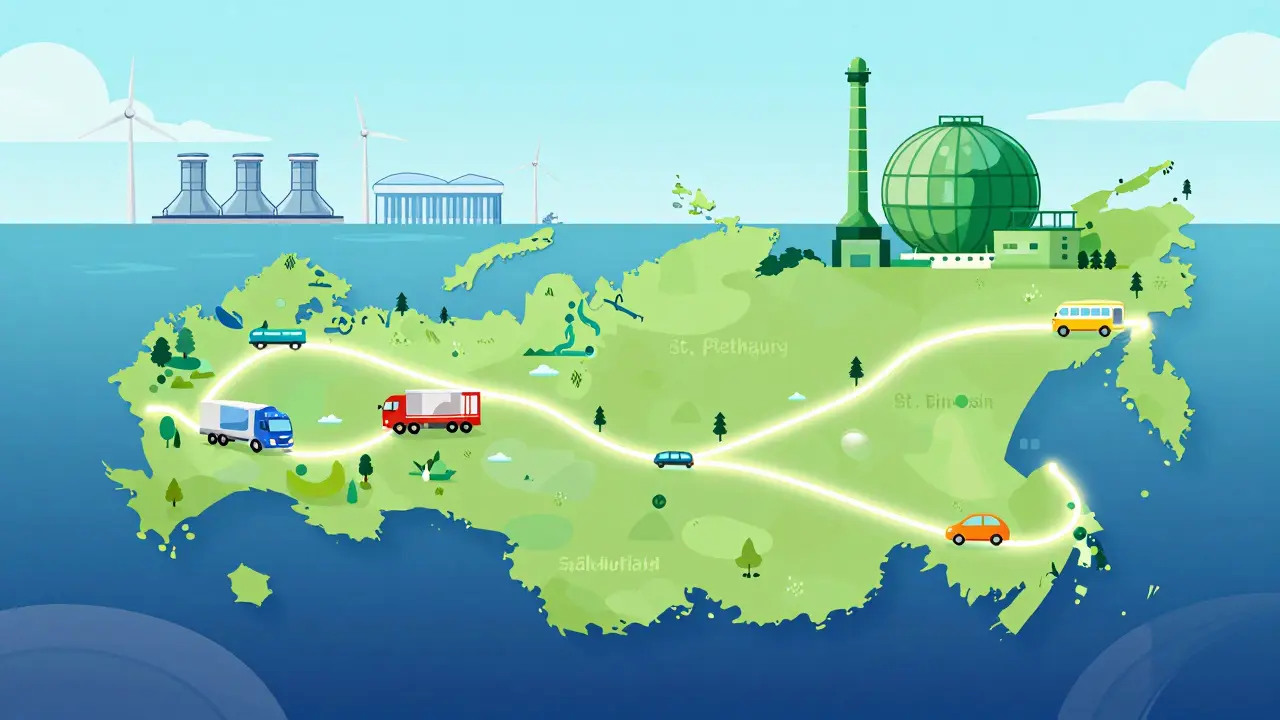 Карта России с маршрутами водородной инфраструктуры и производством «зелёного» водорода из ветра и гидроэнергии.