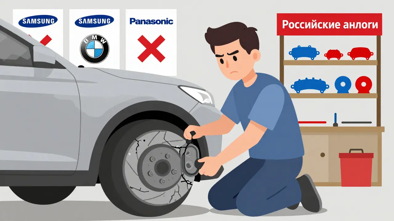 Механик меняет китайскую тормозную колодку на Hyundai Creta, на стене — запрещённые бренды.