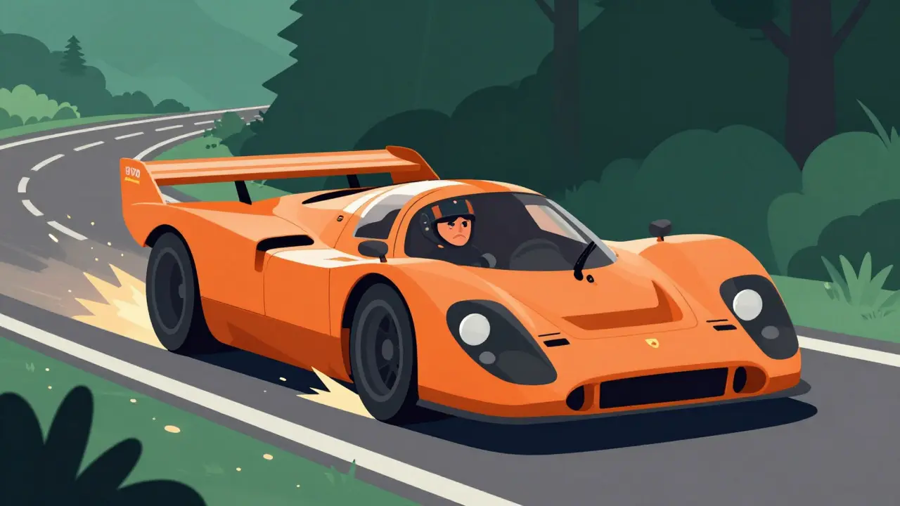 Porsche 917 на горной трассе, с искрами и динамичным движением