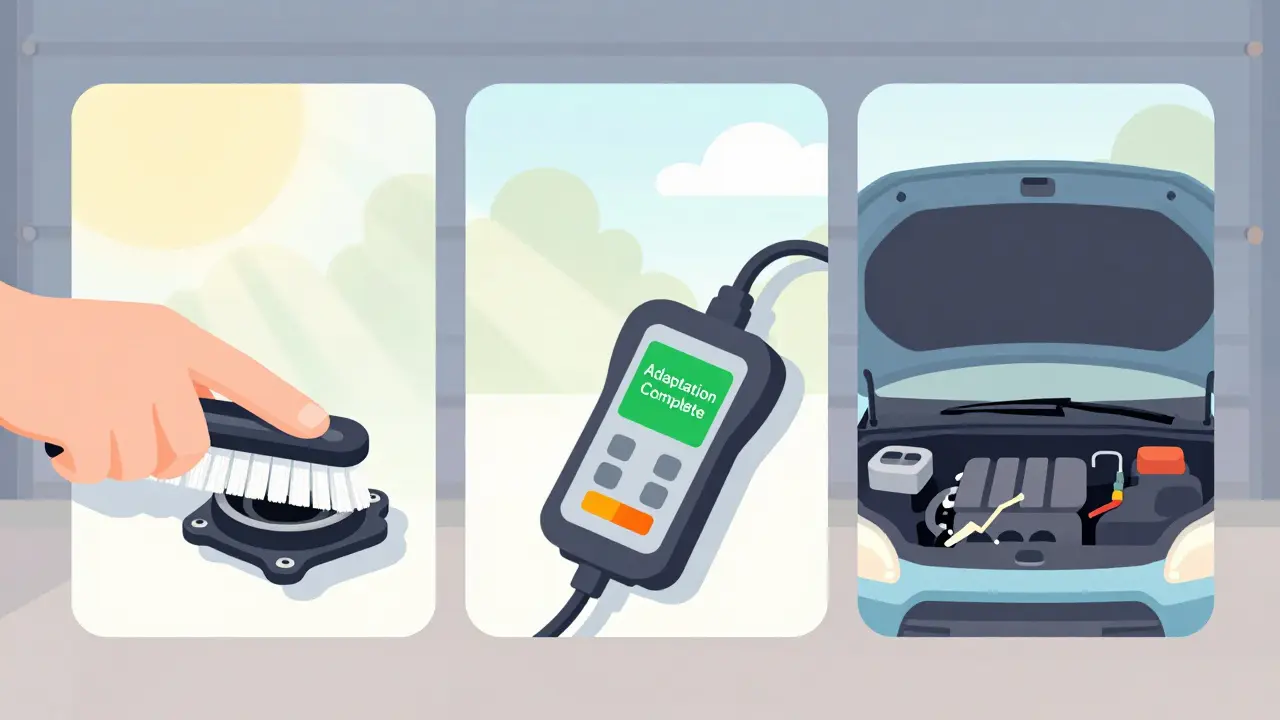 Пошаговая иллюстрация чистки дросселя и адаптации ЭБУ с помощью диагностического сканера.