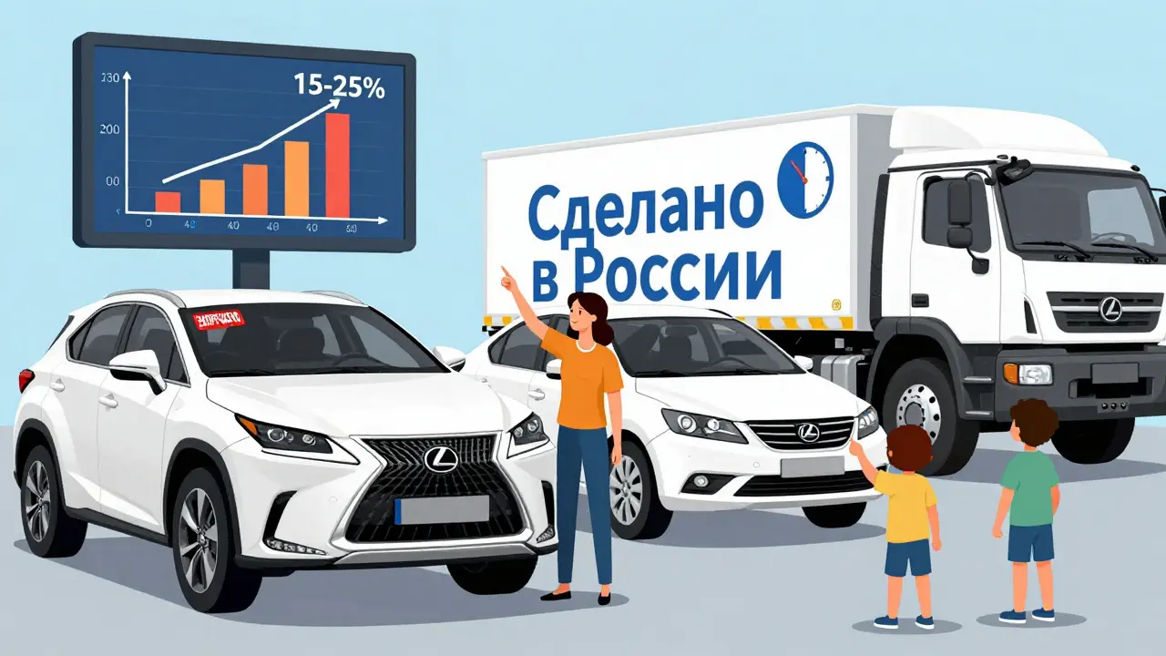 Семья стоит у запрещённого Lexus, рядом — новые российские автомобили с надписью 'Сделано в России'.