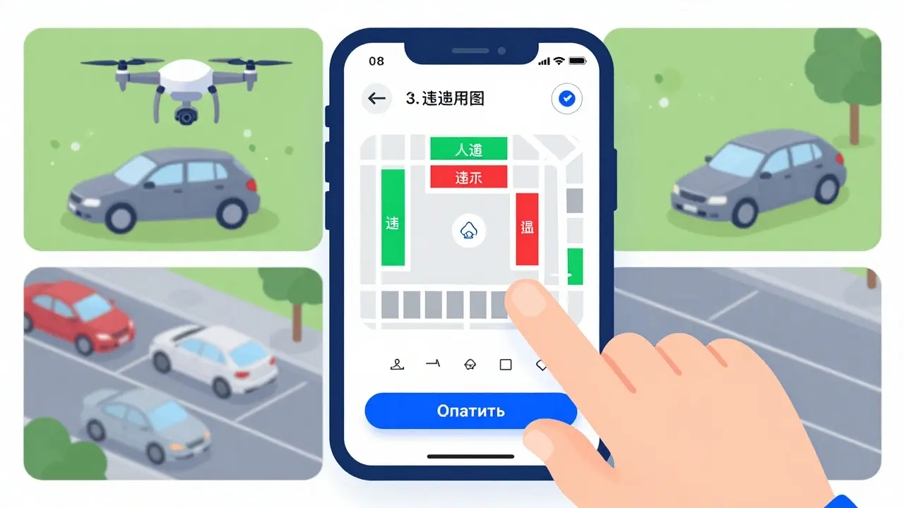 Смартфон с картой парковки: зеленые, красные и серые места, дрон фиксирует нарушение
