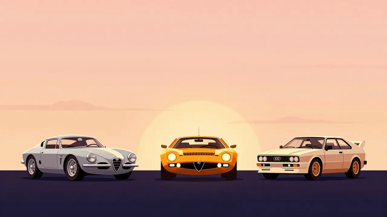 Три легендарных спорткара XX века: Alfa Romeo, Lancia и Audi, стоящие рядом