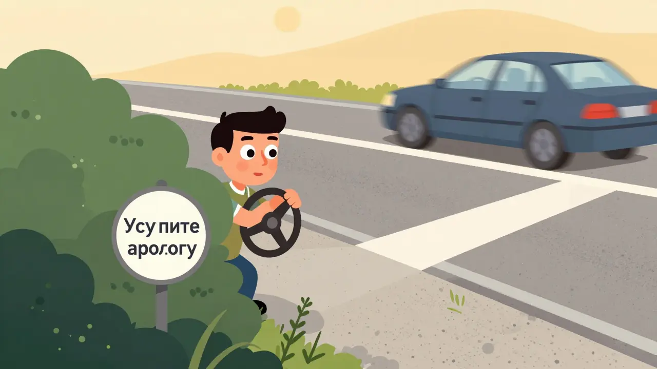 Водитель медленно выглядывает из-за кустов, чтобы проверить движение на главной дороге.