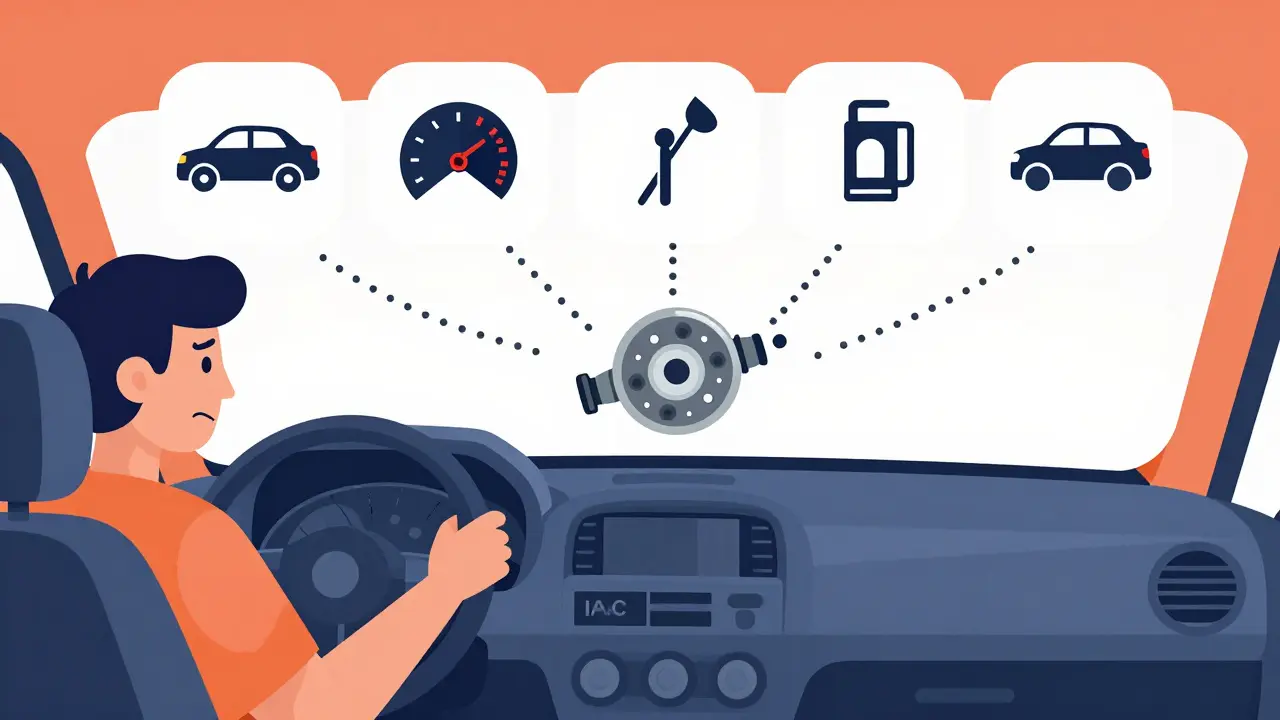 Водитель с тревожным выражением лица, над головой — шесть симптомов загрязнения дросселя и РХХ.