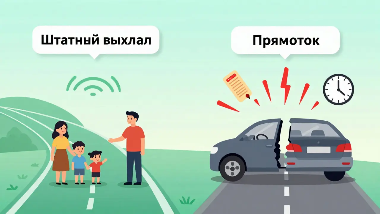 Водитель выбирает между тихим штатным выхлопом и шумным нелегальным, с символами штрафов и даты 2026 года.