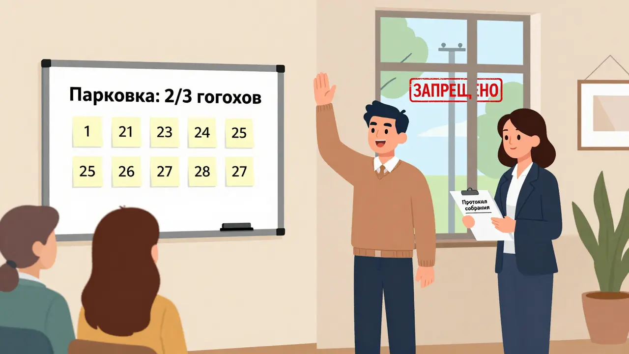 Жильцы голосуют на собрании за организацию парковки, на доске — '2/3 голосов'