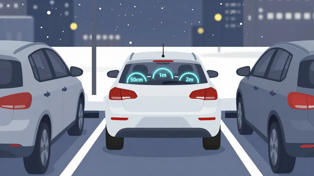 Автомобиль медленно паркуется зимой, с отображением расстояний до препятствий.