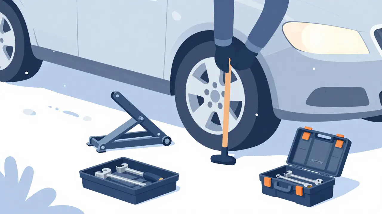 Человек меняет колесо на снегу с использованием баллонного ключа и безопасных подставок