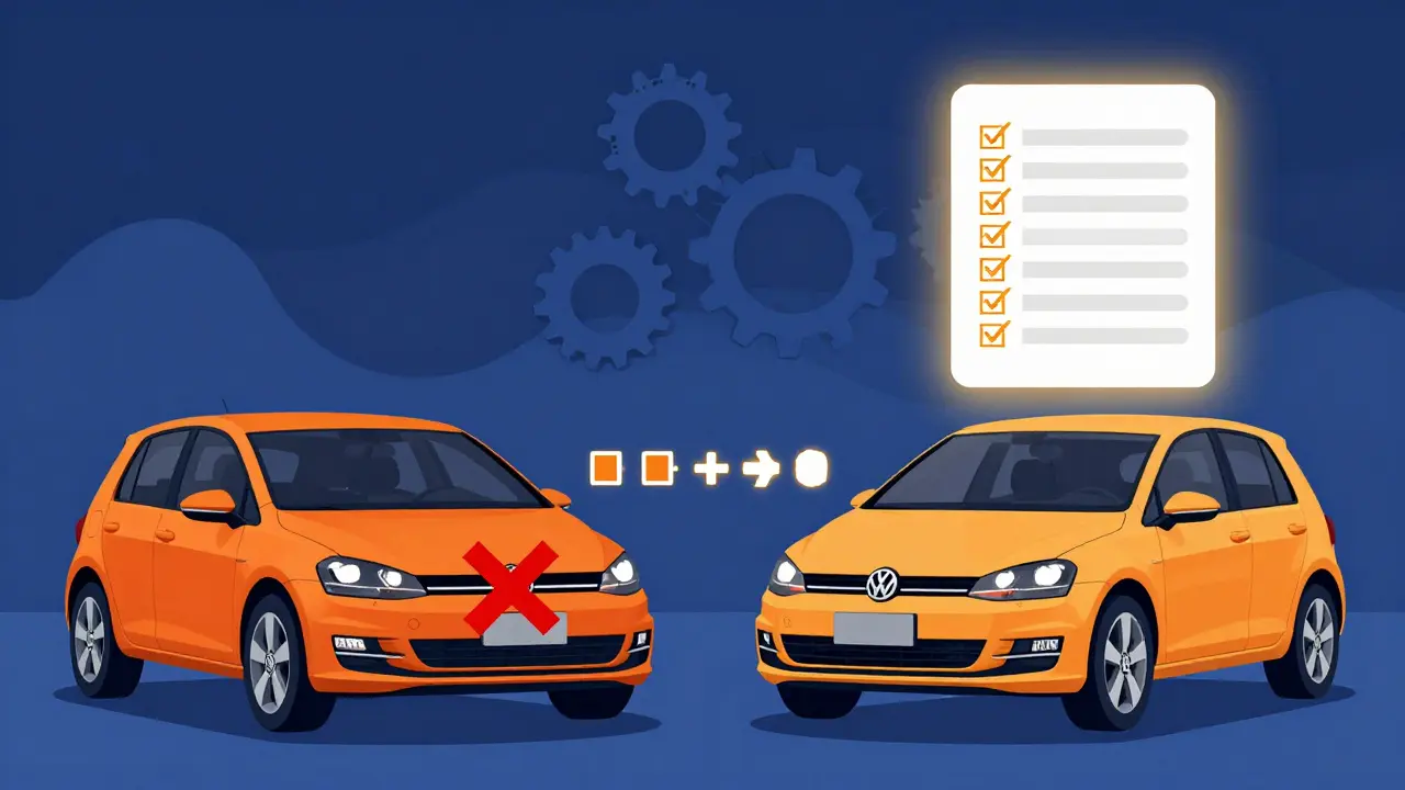 Две одинаковые машины: одна с ошибкой (зачеркнута), другая с полным списком данных — символы успеха и ошибки.