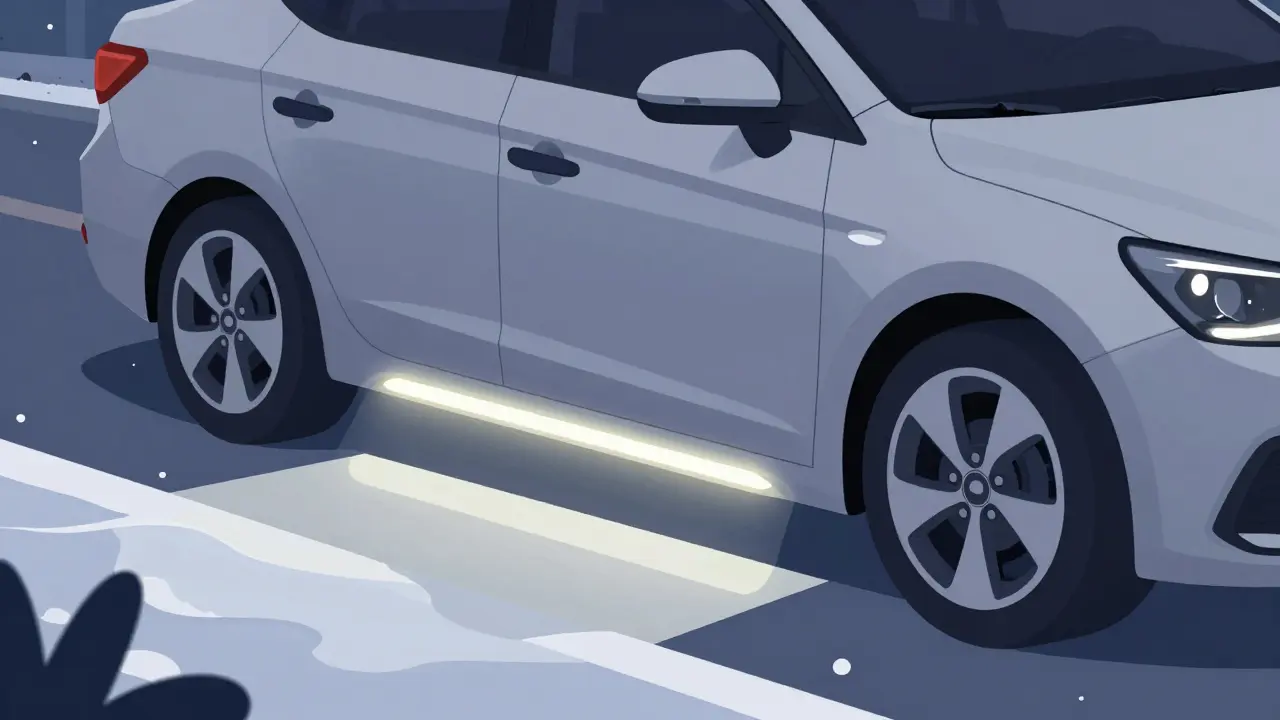 Hyundai Solaris с подсветкой порогов на снегу в темноте