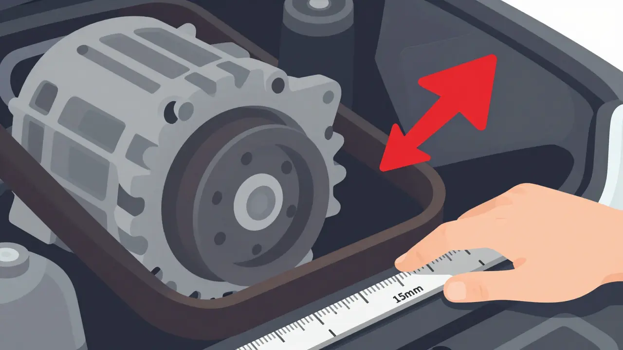 Изношенный ремень генератора проскальзывает на шкиве, измерение прогиба 15 мм.