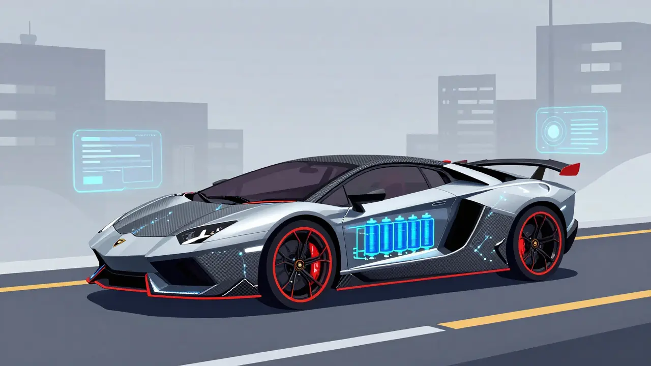 Lamborghini Terzo Millennio с энергетическими проводами в корпусе и голографическими элементами в плоском дизайне.