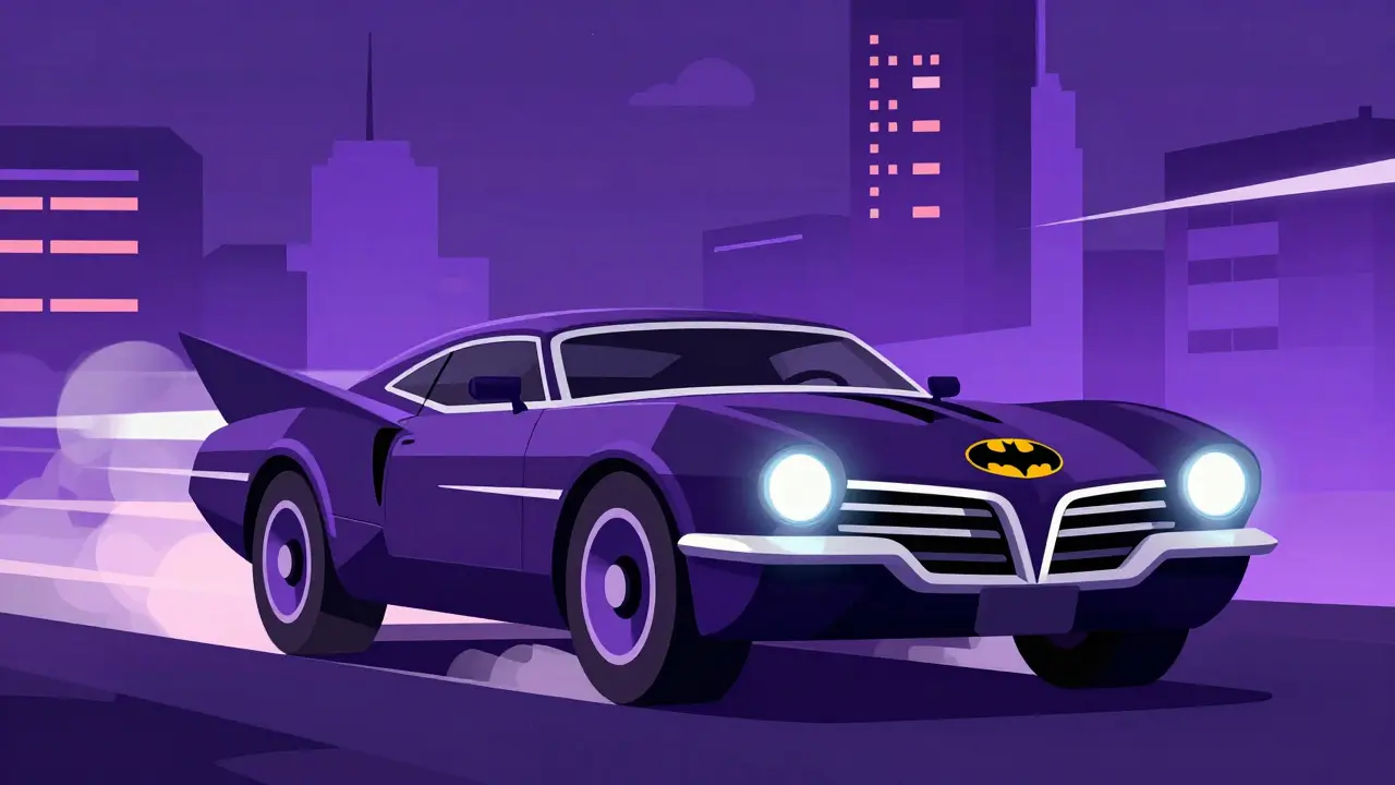 Линкольн Футура, превращённый в Бэтмобиль, с острыми плавниками и светящимися фарами в плоском стиле.