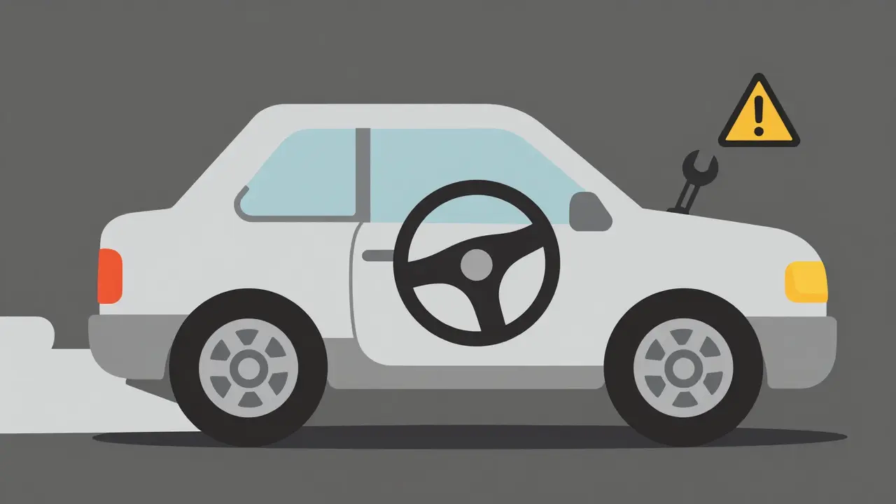 Машина с кривым рулем и смещенной задней осью, указывающая на нарушение геометрии колес.