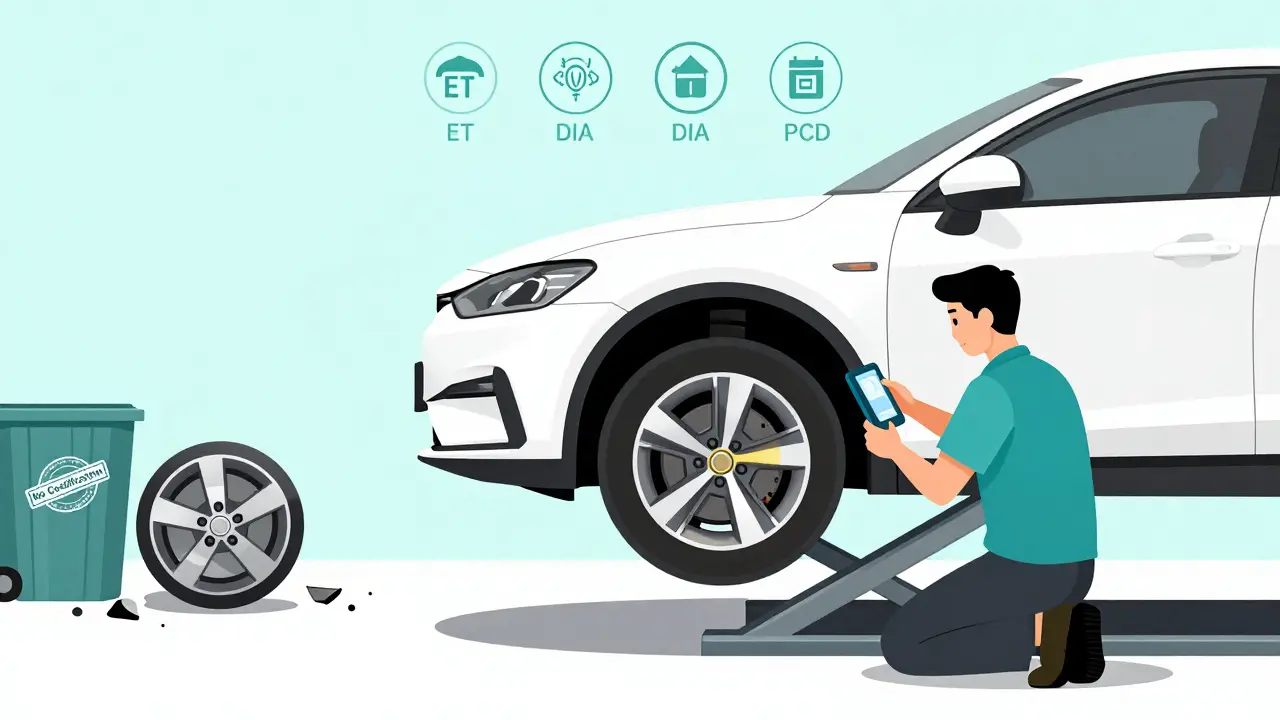 Мастер проводит сход-развал, на фоне — сломанный некачественный диск, показаны правильные параметры крепления.