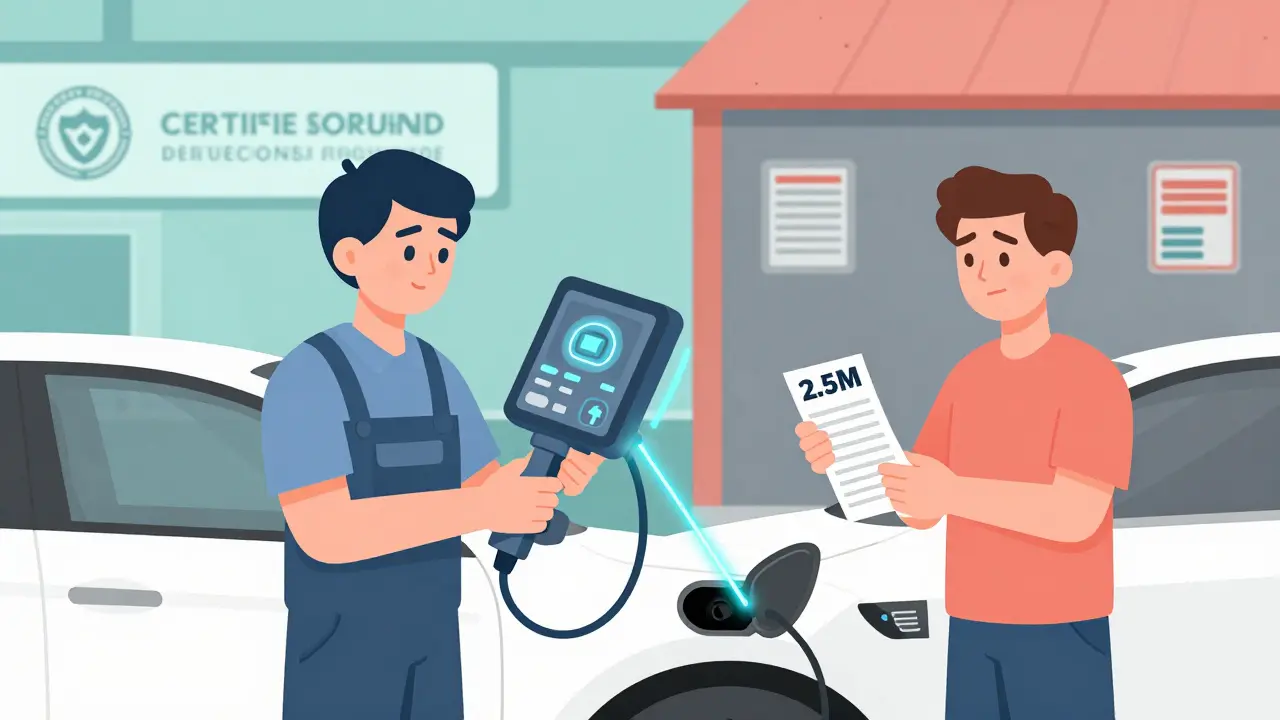 Механик диагностирует электромобиль с помощью дорогого сканера, владелец смотрит на счет