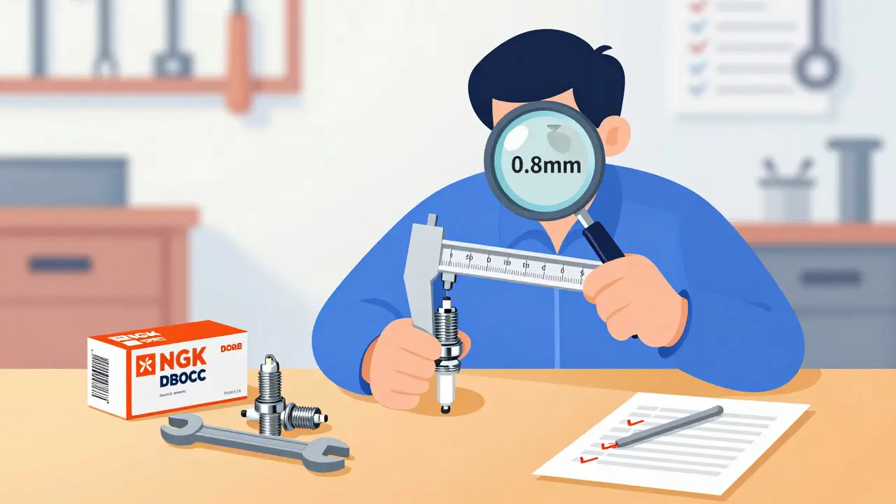 Механик измеряет зазор свечи зажигания щупом, рядом лежат бренды NGK, DENSO и Bosch.