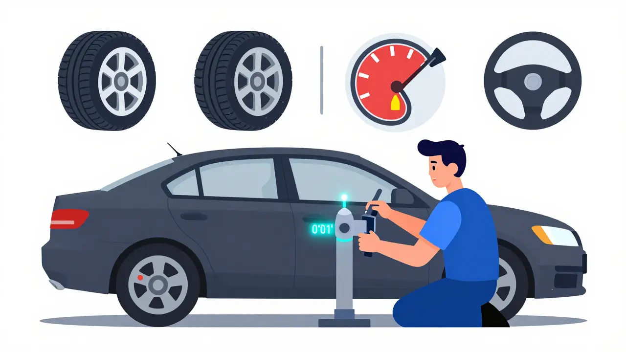 Механик настраивает колеса с помощью лазерного стенда, на экране видны точные углы установки.