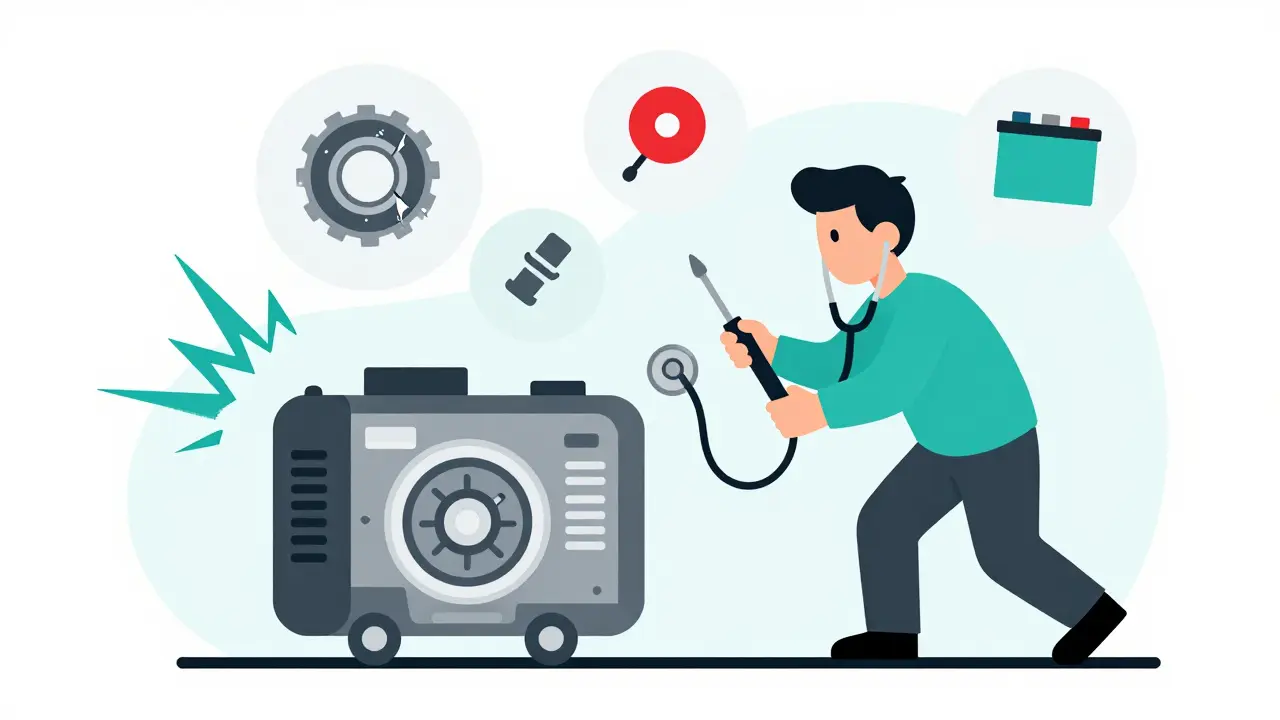 Механик проверяет генератор с помощью отвертки, вокруг — иконки неисправностей.