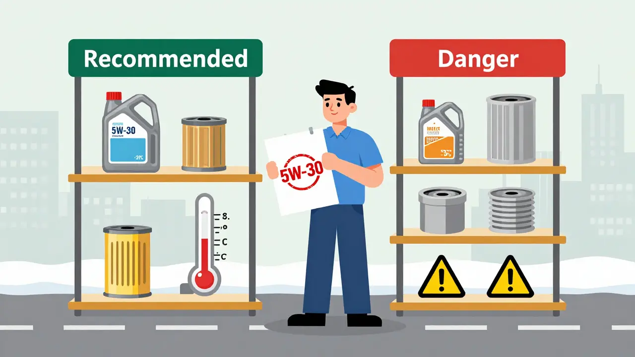 Механик с руководством и двумя полками: правильно подобранное масло и опасная смесь с предупреждениями.