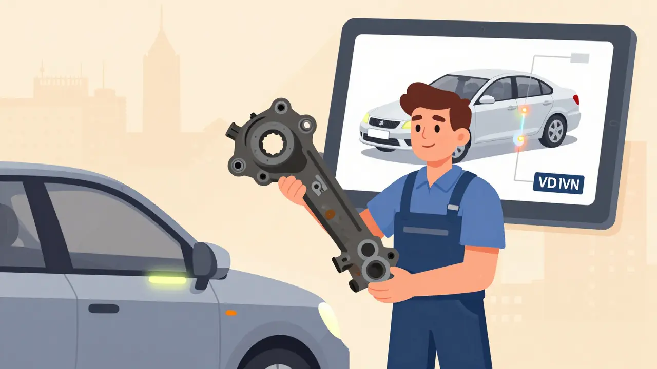 Механик сравнивает старую и новую запчасть, рядом светится VIN-код на двери автомобиля