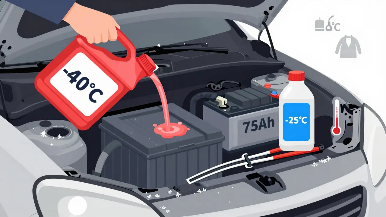 Под капотом автомобиля: новый аккумулятор, антифриз и жидкость для омывателя, термометр показывает -25°C.