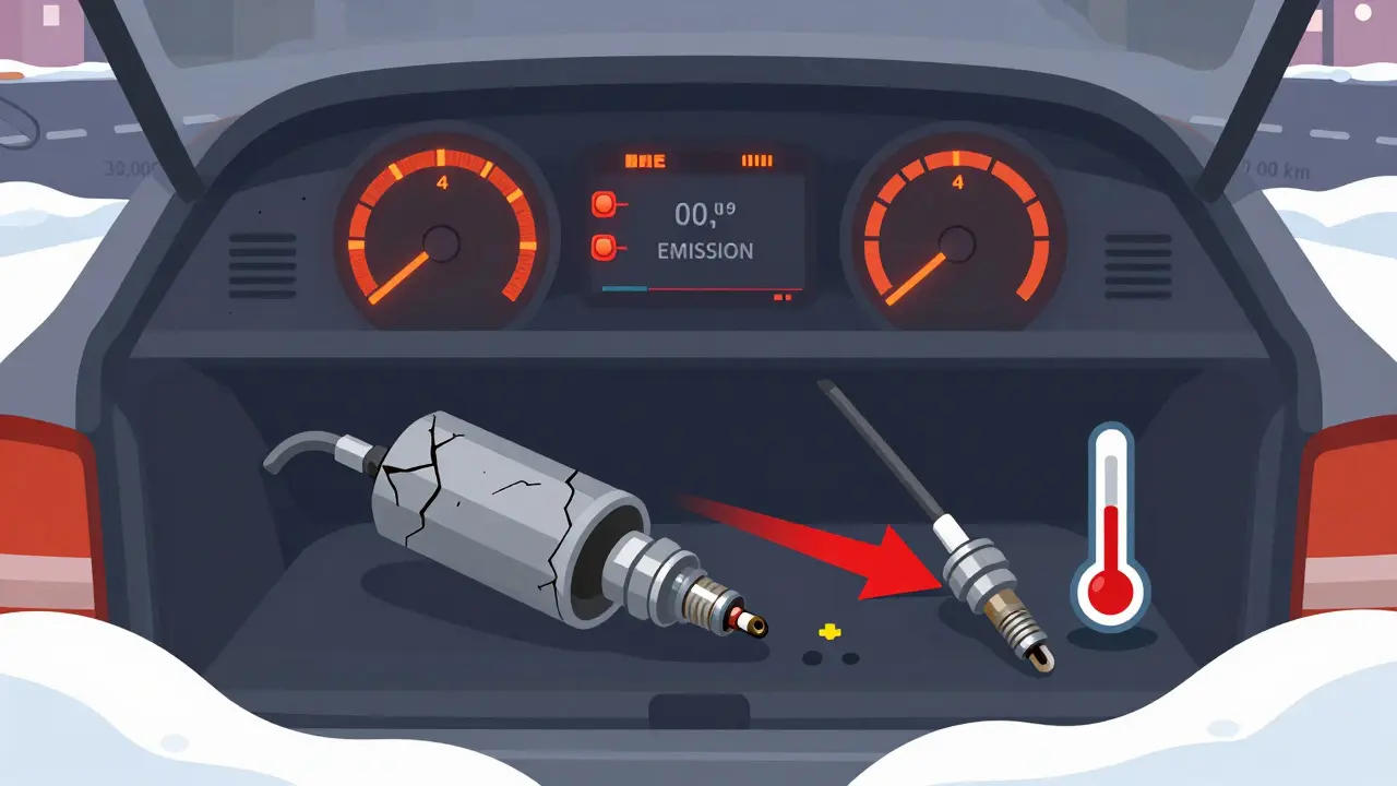 Повреждённый катализатор и датчик лямбда-зонда связаны с изношенными свечами на фоне снежной дороги.