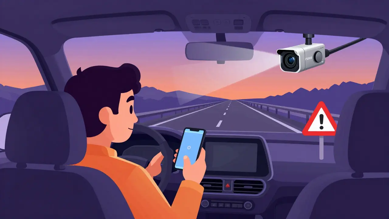 Премиум-регистратор с радар-детектором, обнаруживающий камеры скорости на трассе при сумерках.