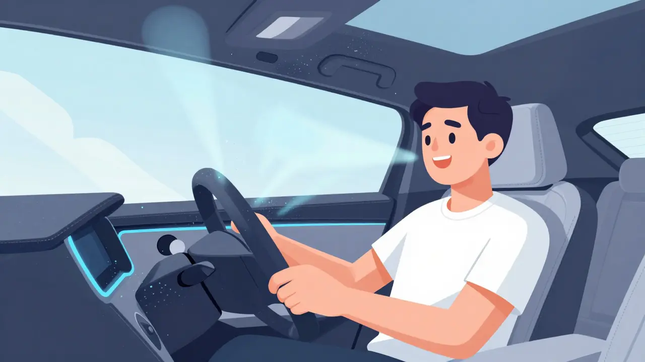 Салон автомобиля, обрабатываемый сухим туманом, с микрочастицами, нейтрализующими запахи в воздухе.