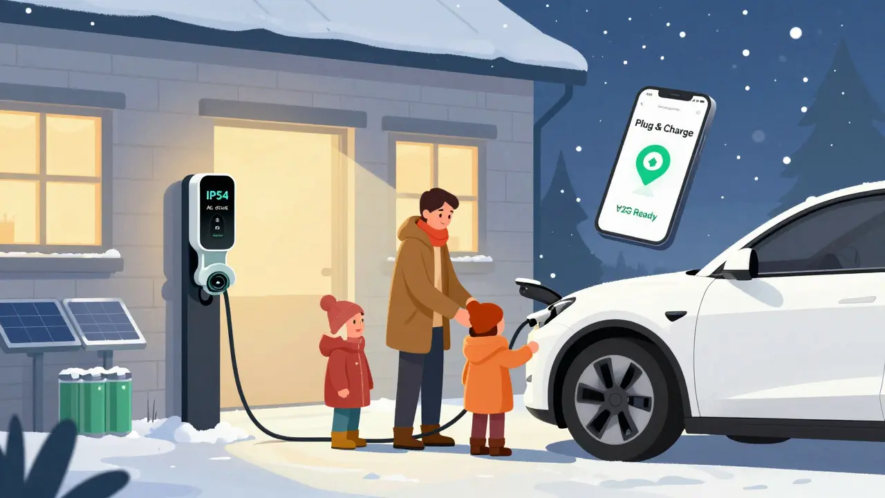 Семья заряжает машину зимой на улице, станция с умными функциями, светит теплым светом.