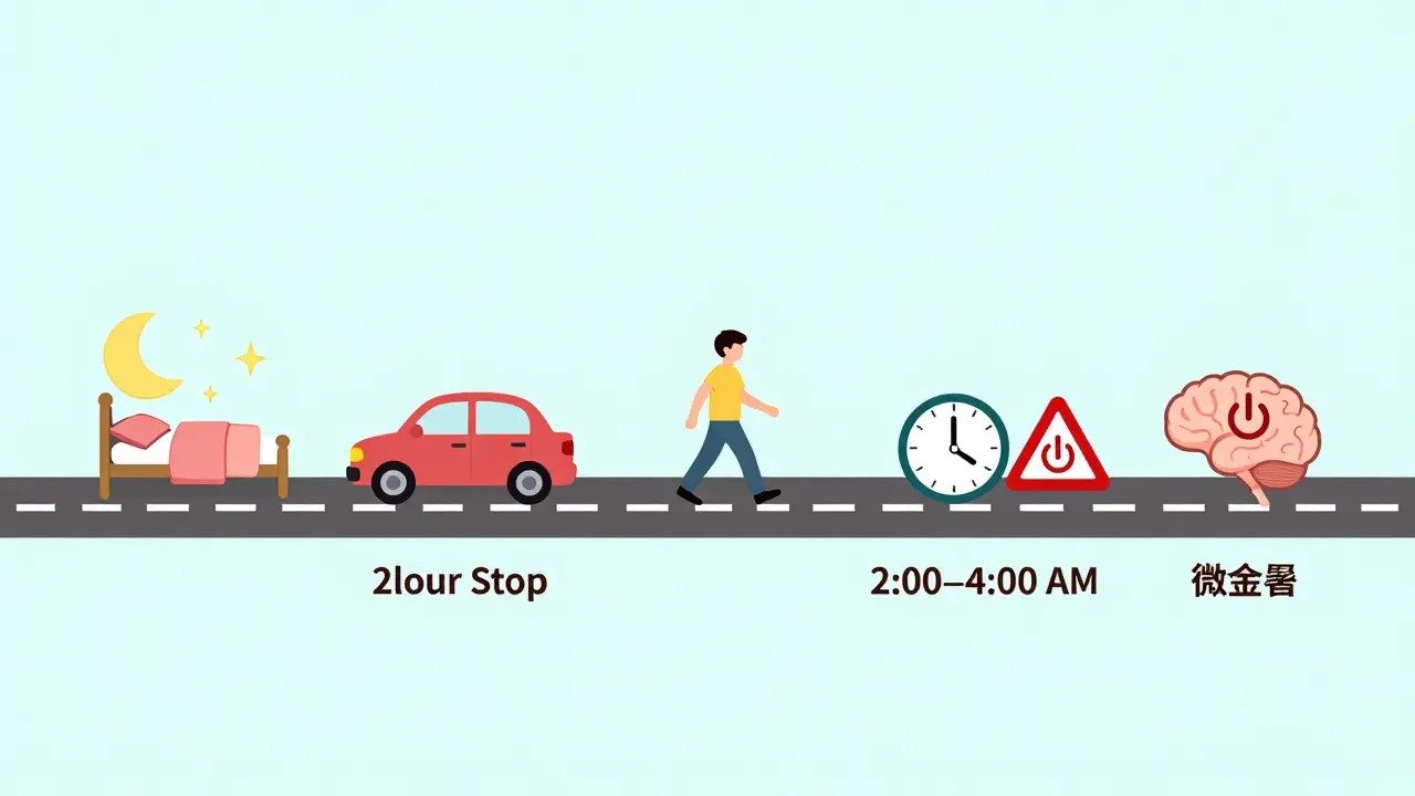 Схема безопасного путешествия: сон, остановки, растяжка и предупреждение о ночном риске.