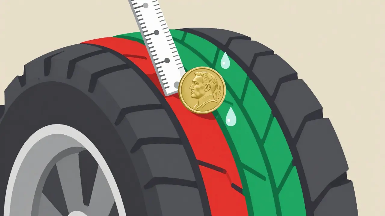 Шина с монетой в протекторе: видна часть головы Царя Николая II, показывающая износ.